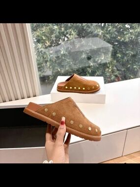 Brown Suede Designer-Inspired Clogs with Leather Detail & Gold Studs